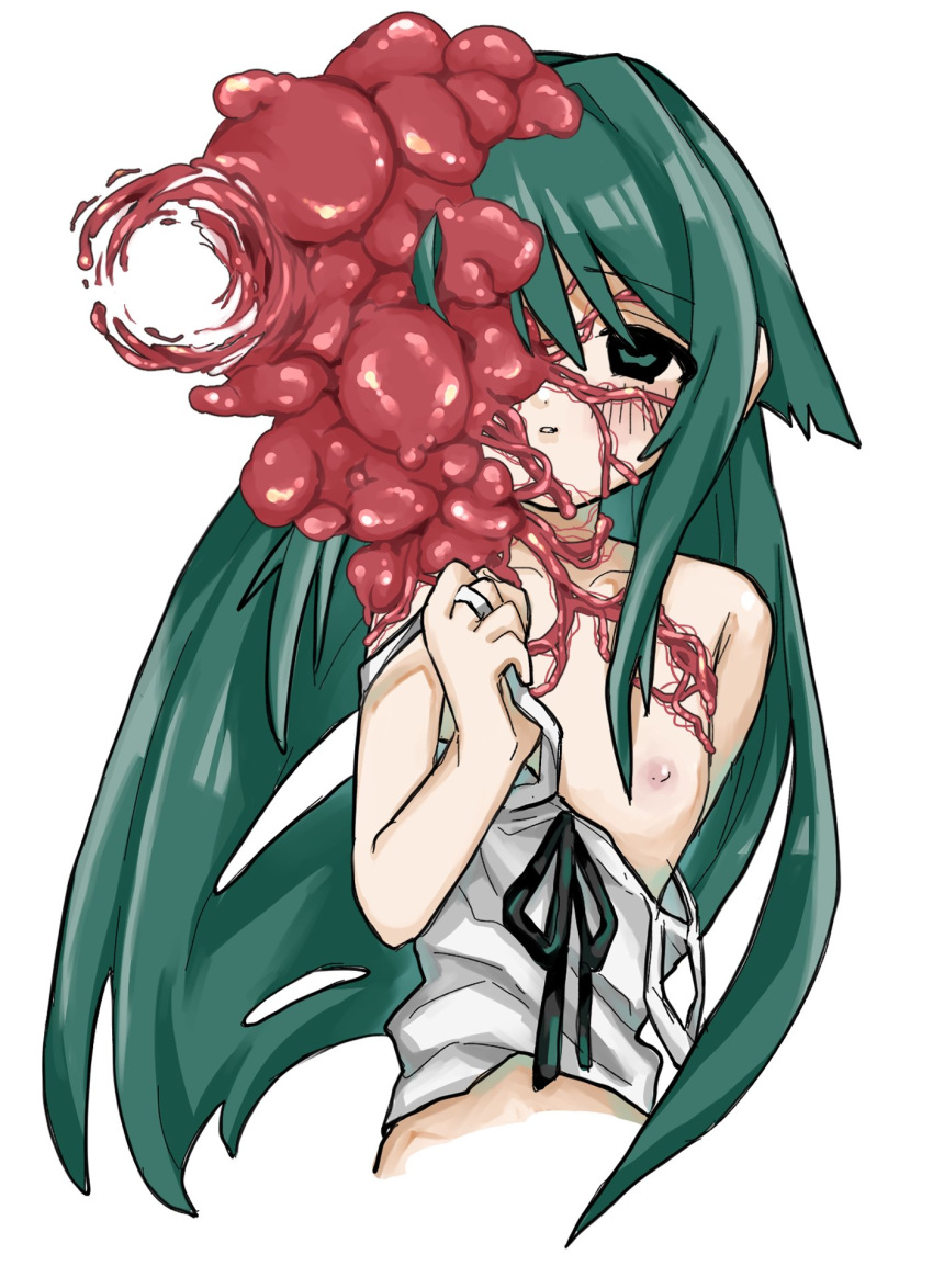 1girl blush body_horror clothes_pull dress dress_pull expressionless flat_chest green_eyes green_hair guro hair_flaps highres long_hair looking_at_viewer nipples off_shoulder parted_lips saya_(saya_no_uta) saya_no_uta shinsekai_(z_o10) simple_background solo upper_body white_background white_dress