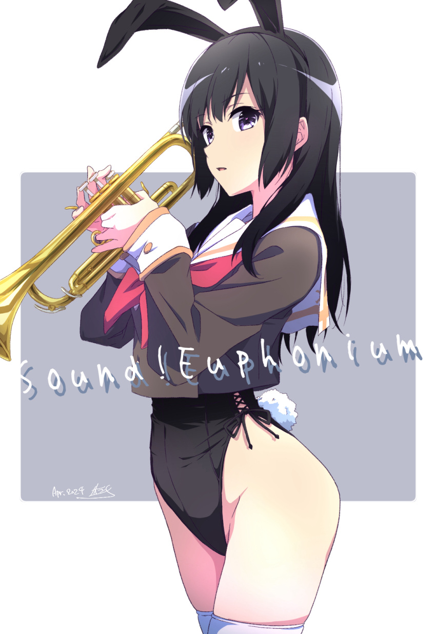 1girl adapted_costume animal_ears artist_name black_hair black_leotard brown_shirt copyright_name dated english_text hibike!_euphonium highres holding holding_instrument instrument jacket kitauji_high_school_uniform kousaka_reina leotard looking_at_viewer neckerchief nii_manabu playboy_bunny purple_eyes rabbit_ears rabbit_tail red_neckerchief sailor_collar sailor_shirt school_uniform serafuku shirt side-tie_leotard smile solo tail thighhighs trumpet white_background white_thighhighs