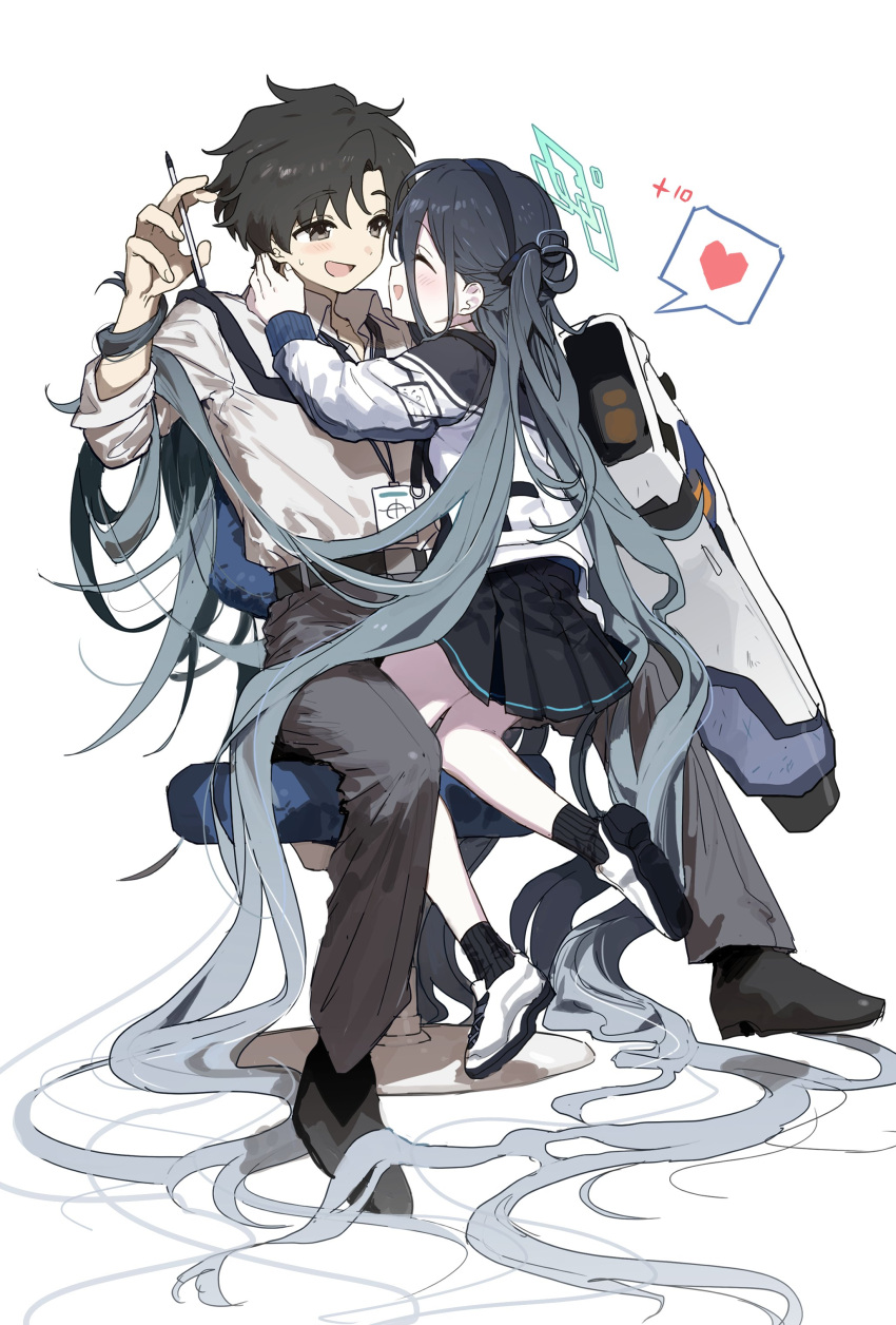 1boy 1girl absurdly_long_hair absurdres aris_(blue_archive) black_footwear black_hair black_pants black_skirt blue_archive blush chair closed_eyes collared_shirt gradient_hair grey_hair heart hetero highres hug jihecchi long_hair long_sleeves multicolored_hair on_chair pants sensei_(blue_archive) sensei_(blue_archive_the_animation) shirt short_hair simple_background sitting skirt smile speech_bubble spoken_heart sweatdrop very_long_hair white_background white_footwear white_shirt