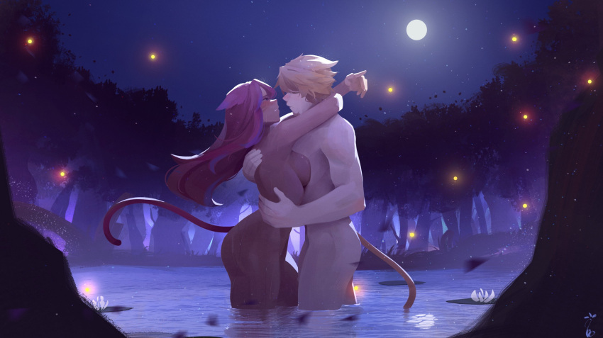 1boy 1girl animal_ears blonde_hair breast_press breasts cat_boy cat_ears cat_girl cat_tail commentary commission completely_nude english_commentary facial_mark final_fantasy final_fantasy_xiv fireflies flaccid forest from_side full_moon hetero highres hug imminent_kiss lake large_breasts lily_pad long_hair looking_at_another makinoatorie miqo'te moon multicolored_hair nature night night_sky nude penis pink_hair purple_hair short_hair signature sky standing streaked_hair tail wading warrior_of_light_(ff14) water whisker_markings