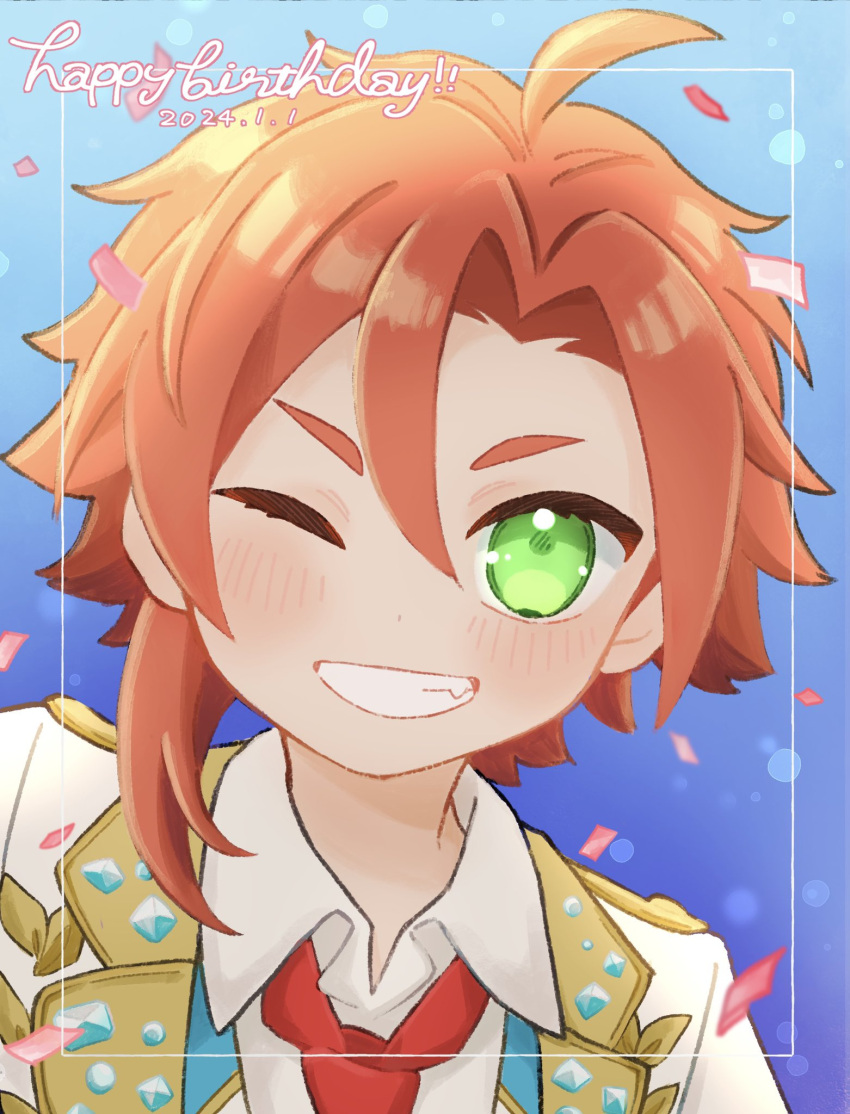 1boy ahoge blush collared_shirt commentary_request green_eyes grin happy_birthday highres idol_time_pripara jacket looking_at_viewer male_focus mitaka_asahi necktie one_eye_closed open_mouth poro_(pweedro) pretty_series pripara red_hair red_necktie shirt short_hair smile solo upper_body white_jacket white_shirt