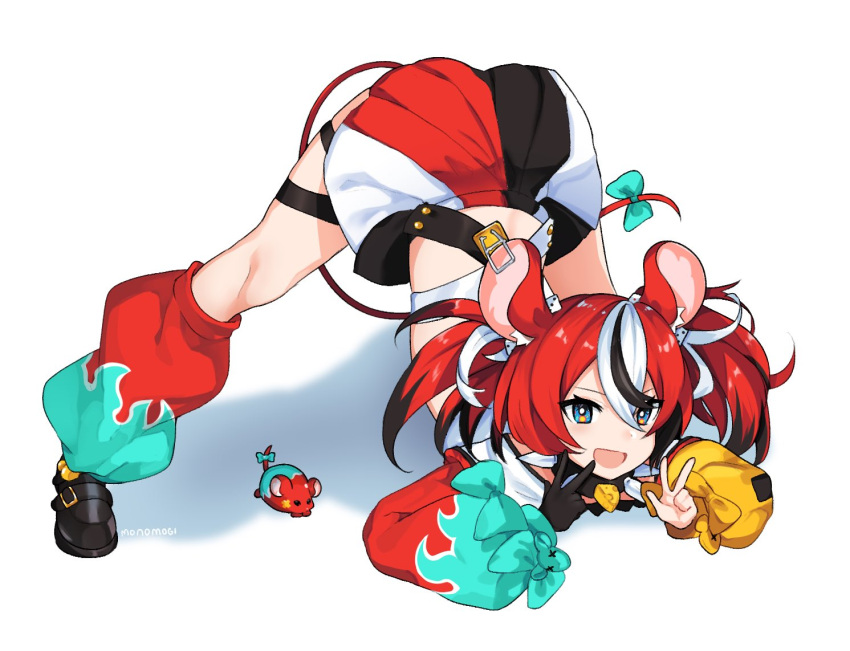 1girl animal_ears arched_back ass black_footwear black_gloves blue_eyes bow cheese collar dice_hair_ornament double_v flexible food full_body gloves hair_ornament hakos_baelz hands_on_ground hololive hololive_english jack-o'_challenge kneehighs legs legs_apart long_hair meme miniskirt monomogi mouse_ears mouse_girl mouse_tail mousetrap mr._squeaks_(hakos_baelz) multicolored_hair open_mouth red_hair shoes simple_background single_glove skirt smile socks spiked_collar spikes spread_legs streaked_hair tail tail_bow tail_ornament thighs top-down_bottom-up twintails v virtual_youtuber white_background wide_spread_legs