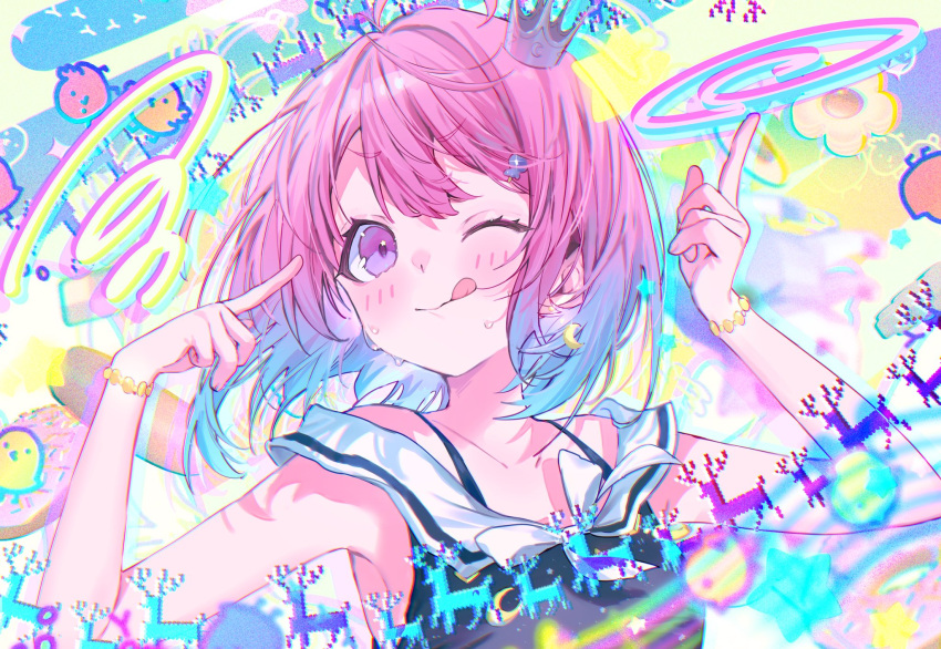 1girl :p ahoge blue_dress blue_hair blush bob_cut bracelet candy_hair_ornament collarbone commentary crescent crescent_earrings crown dress earrings food-themed_hair_ornament gradient_hair hair_between_eyes hair_ornament hairclip hands_up harui_(hr_x9_) highres himemori_luna himemori_luna_(sundress) hololive jewelry medium_hair mini_crown multicolored_hair official_alternate_costume one_eye_closed pink_hair pixelated pointing pointing_up purple_eyes sailor_collar sleeveless sleeveless_dress small_sweatdrop solo spaghetti_strap symbol-only_commentary tilted_headwear tongue tongue_out v-shaped_eyebrows virtual_youtuber white_sailor_collar