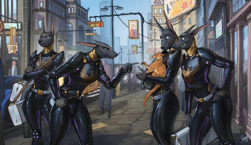 2024 amazing_background ambiguous_gender anthro anubian_jackal argument armor background_character bag belt billboard biped black_armor black_nose building canid canine canis car carrying_another city clothing detailed detailed_background digital_drawing_(artwork) digital_media_(artwork) domestic_cat ear_piercing ear_ring felid feline felis feral fingerless_gloves fully_clothed_anthro futuristic_armor gesture gloves group hand_gesture hand_on_hip handwear hi_res jackal knee_pads larger_anthro long_ears looking_at_another male mammal pauldron piercing pivoted_ears pointing pointing_at_another quadruped ring_piercing shaded shamerli signature size_difference skinsuit smaller_ambiguous smaller_feral soft_shading street street_lamp tabby_cat thick_thighs thin_eyebrows tight_clothing traffic_light unimpressed vehicle ಠ_ಠ