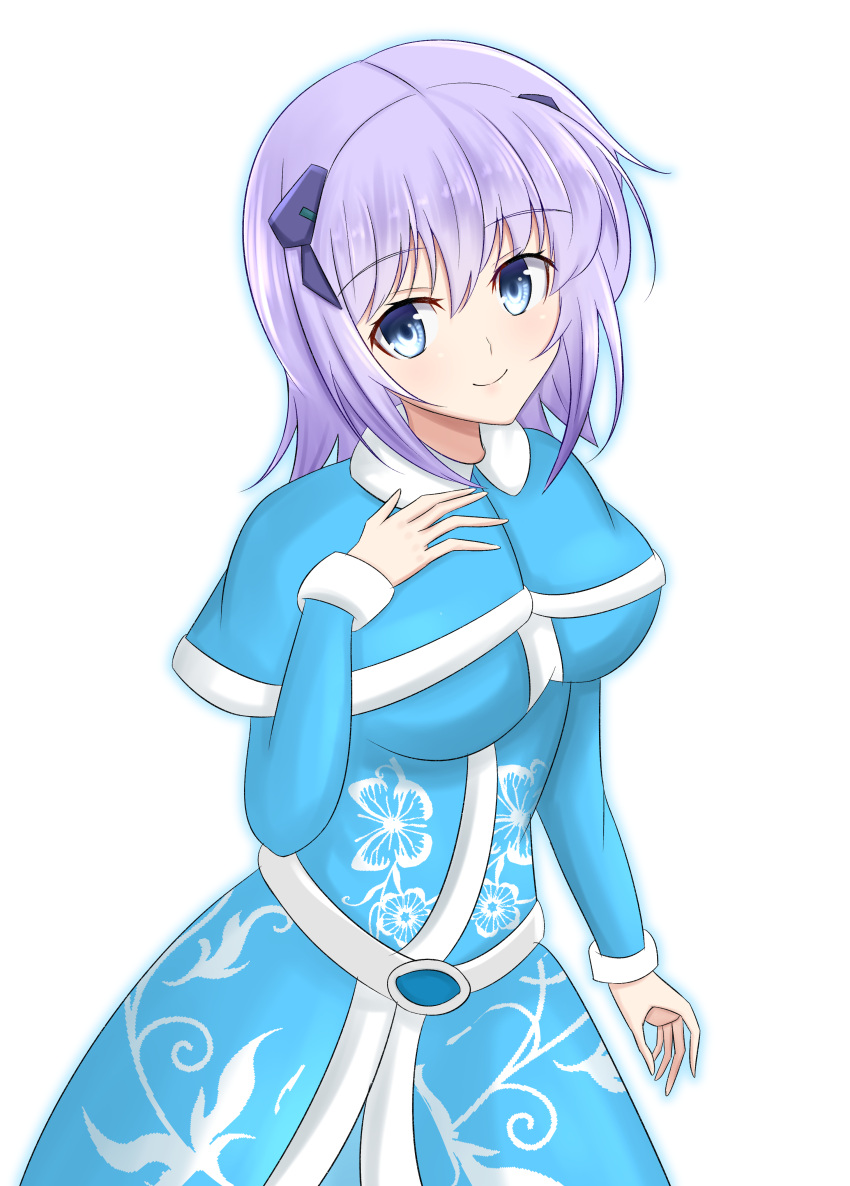 1girl absurdres chestnut95 cryska_barchenowa dress highres looking_at_viewer muv-luv muv-luv_alternative muv-luv_total_eclipse short_hair simple_background smile solo winter_clothes