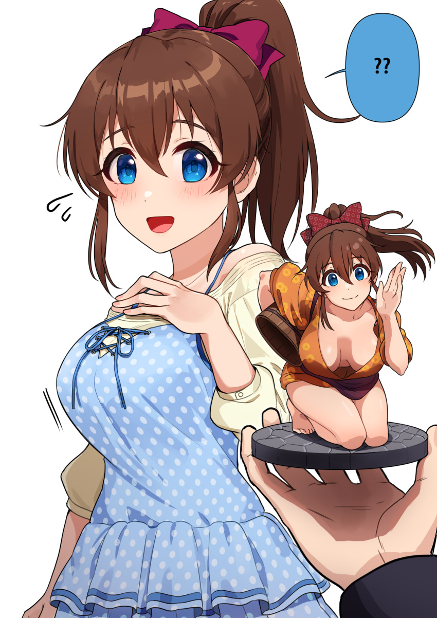 1girl ? bare_shoulders barefoot blue_dress blue_eyes breasts breasts_apart brown_hair closed_mouth collarbone commentary dot_nose dress figure flying_sweatdrops hair_between_eyes hand_on_own_chest hand_up high_ponytail highres holding idolmaster idolmaster_million_live! kamille_(vcx68) large_breasts long_hair long_sleeves looking_at_viewer no_bra open_mouth polka_dot polka_dot_dress pov pov_hands satake_minako simple_background solo_focus spoken_question_mark thighs upper_body white_background
