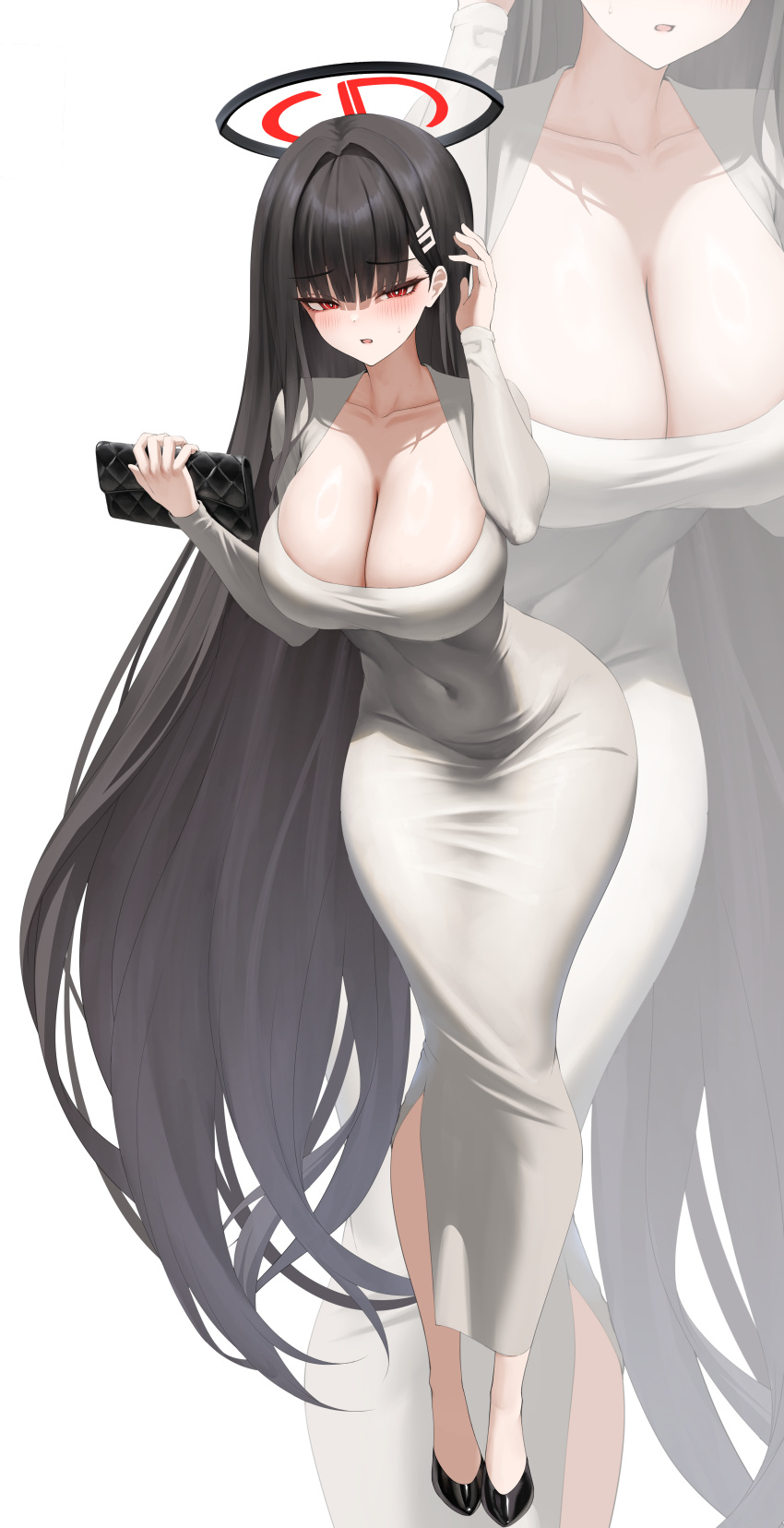 1girl absurdres alternate_costume black_footwear black_hair blue_archive breasts cleavage collarbone covered_navel dongtan_dress dress full_body grey_dress hair_ornament hairclip halo highres huge_breasts long_hair looking_at_viewer meme_attire momoriko narrow_waist red_eyes rio_(blue_archive) scoop_neck straight_hair very_long_hair zoom_layer