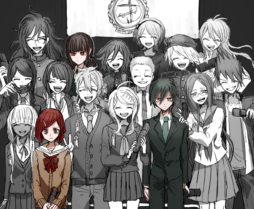 6+boys 6+girls ^_^ ahoge akamatsu_kaede amami_rantaro androgynous antenna_hair badge black_hair black_jacket black_pants black_sleeves black_suit blazer blue_necktie blunt_bangs blunt_ends bow bowtie brown_eyes brown_hair brown_jacket brown_sleeves buttons chabashira_tenko clenched_hand closed_eyes closed_mouth collared_jacket collared_shirt commentary_request danganronpa_(series) danganronpa_v3:_killing_harmony dark-skinned_female dark_skin denim everyone eyelashes eyes_visible_through_hair facial_hair frown glasses goatee gokuhara_gonta graduation grin hair_between_eyes hair_ornament hair_over_one_eye hair_over_shoulder hairband hairclip hand_on_another's_shoulder hand_on_own_chin hand_on_own_hip harukawa_maki hat high_collar highres holding holding_scroll hoshi_ryoma indoors iruma_miu jacket jeans k1-b0 layered_sleeves light_frown long_hair long_sleeves looking_at_viewer looking_down low_twintails mask mask_pull miniskirt mole mole_under_eye mole_under_mouth momota_kaito mouth_mask multiple_boys multiple_girls neck_ribbon neckerchief necktie oma_kokichi open_clothes open_jacket open_mouth open_shirt pants partially_colored pleated_skirt pulled_by_self red_bow red_bowtie red_eyes red_hair ribbon round_eyewear saihara_shuichi sailor_collar sarami_(sa_rami30) school_uniform scroll serafuku shinguji_korekiyo shirogane_tsumugi shirt short_hair sidelocks skirt skirt_set sleeves_past_elbows sleeves_past_wrists smile spiked_hair spoilers striped_necktie suit sweater_jacket tank_top teeth tojo_kirumi twintails upper_teeth_only v very_long_hair white_sailor_collar white_shirt yellow_eyes yonaga_angie yumeno_himiko