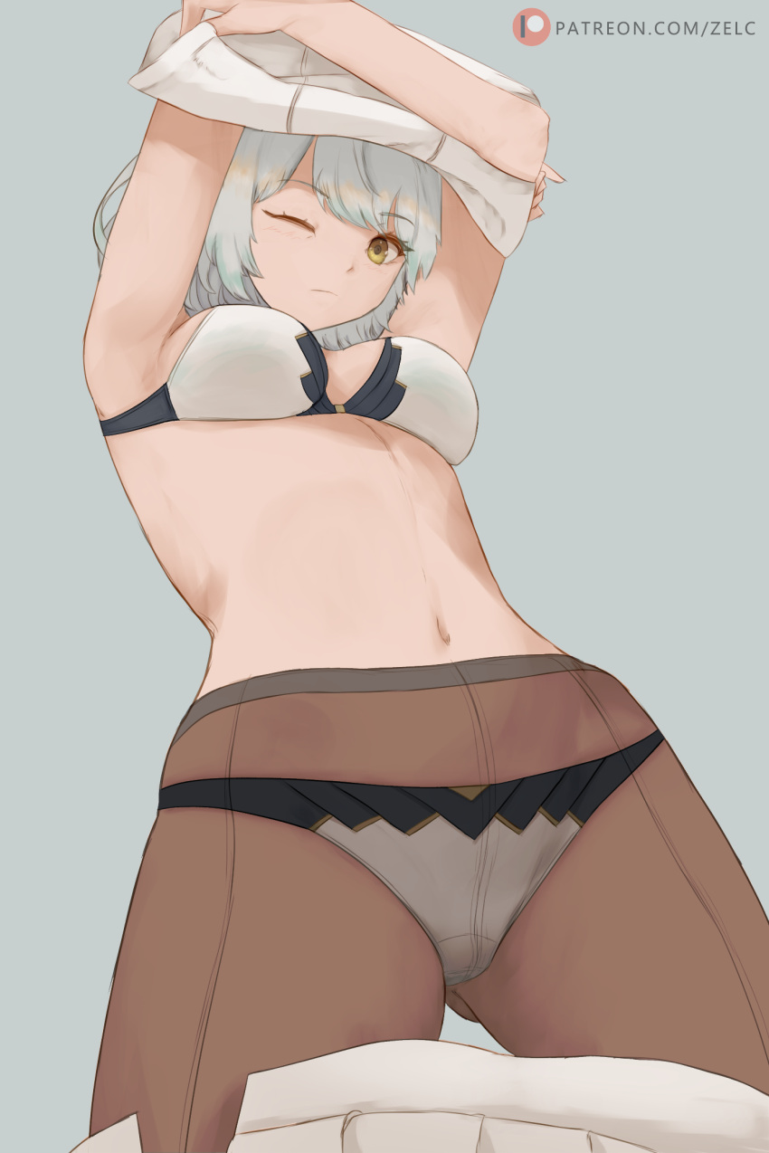 1girl animal_ears ass_visible_through_thighs breasts cat_ears cleavage clothes_lift commentary from_below grey_background grey_hair highres lifted_by_self mio_(xenoblade) panties panties_under_pantyhose pantyhose shirt_lift short_hair simple_background solo underwear undone_skirt undressing xenoblade_chronicles_(series) xenoblade_chronicles_3 zelc-face