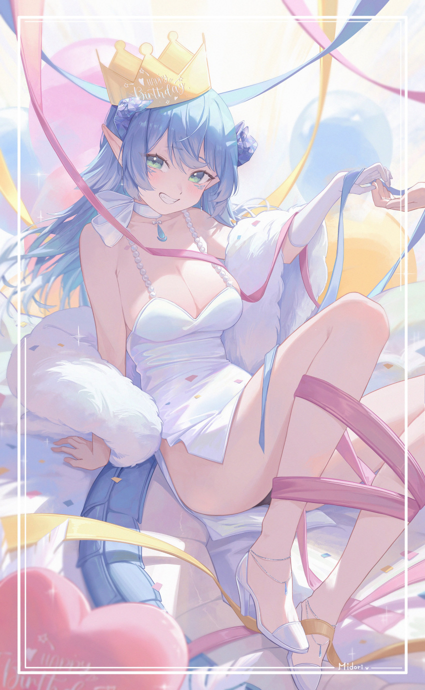 1girl absurdres blue_hair blue_horns breasts cleavage coat crown crystal_horns dress exitus fur_coat green_eyes happy_birthday heart highres horns large_breasts long_hair looking_at_viewer midori_xu paroniie_(vtuber) pointy_ears ribbon scales smile solo virtual_youtuber white_dress