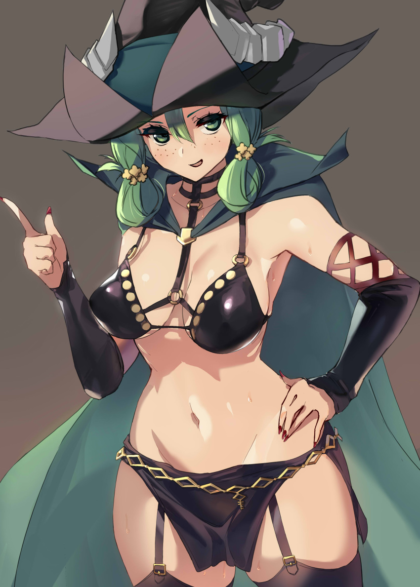 1girl absurdres bikini black_bikini black_choker black_skirt black_thighhighs breasts choker cleavage cloak detached_sleeves freckles garter_straps green_cloak green_eyes green_hair hat highres horns long_hair looking_at_viewer medium_breasts navel negresco open_mouth perky_breasts sidelocks skirt smile solo swimsuit thighhighs unicorn_overlord witch_hat yahna_(unicorn_overlord)