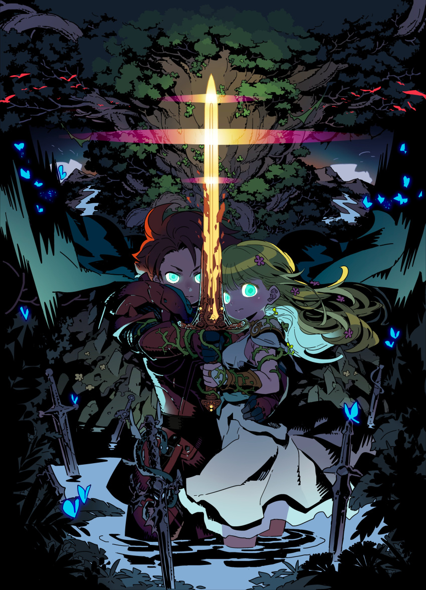1boy 1girl absurdres aqua_eyes arm_around_waist armor bird blonde_hair bracer bridal_gauntlets bug butterfly cape commentary_request cowboy_shot dress flower gauntlets gloves glowing glowing_eyes glowing_sword glowing_weapon hair_flower hair_ornament hero_(sd1) heroine_(seiken_densetsu_1) highres himukai_yuuji holding holding_sword holding_weapon long_hair looking_at_viewer mountainous_horizon outdoors outstretched_arm partially_submerged plant planted planted_sword red_hair river seiken_densetsu seiken_densetsu_1 sleeveless sleeveless_dress standing sword vines wading water weapon white_dress white_gloves