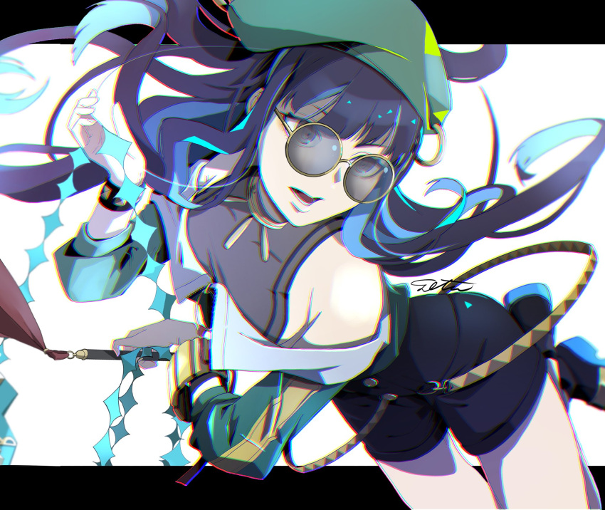 1girl bare_shoulders beret black_hair blue_hair colored_inner_hair fate/grand_order fate_(series) glasses green_hat green_jacket grey_eyes hat highres jacket jewelry long_hair multicolored_hair neck_ring off_shoulder round_eyewear shorts sidelocks solo sunglasses tenochtitlan_(fate) tenochtitlan_(second_ascension)_(fate) tinted_eyewear ttmaru_1739 wavy_hair