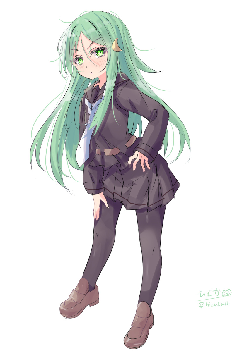 1girl absurdres black_pantyhose black_sailor_collar black_serafuku black_shirt black_skirt brown_footwear crescent crescent_hair_ornament full_body green_eyes green_hair hair_ornament hand_on_own_hip highres hizaka kantai_collection leaning_forward loafers long_hair looking_at_viewer nagatsuki_(kancolle) neckerchief one-hour_drawing_challenge pantyhose pleated_skirt sailor_collar sailor_shirt school_uniform serafuku shirt shoes simple_background skirt solo white_background white_neckerchief