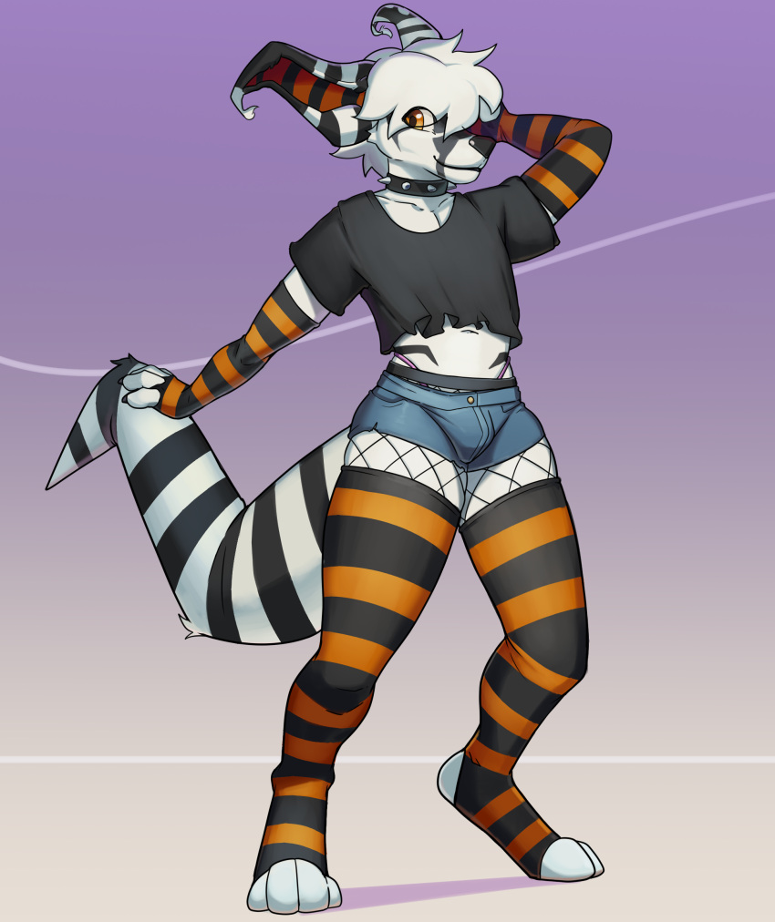 absurd_res anthro bottomwear clothed clothing collar crop_top crux dar-kuu fishnet_clothing fishnet_legwear girly hair hi_res hotpants legwear looking_at_viewer male shirt shorts simple_background smile solo stockings tail thigh_highs thong topwear underwear