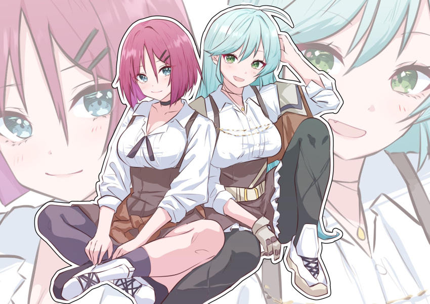 2girls ahoge aqua_hair arm_up assault_lily asymmetrical_legwear belt belt_buckle black_choker black_pantyhose black_ribbon black_socks blue_eyes blush bob_cut breasts brown_jacket brown_skirt buckle buttons choker cleavage clothes_around_waist collarbone collared_shirt commentary_request cropped_jacket fang foot_out_of_frame gloves green_eyes grey_gloves hair_between_eyes hair_ornament hairclip hand_in_own_hair hand_on_own_leg high-waist_skirt highres houji_tea_latte indian_style jacket jacket_around_waist jewelry knee_up large_breasts long_bangs long_hair long_sleeves looking_at_viewer miwada_rito multiple_girls neck_ribbon necklace open_clothes open_jacket outline pantyhose parted_lips pendant red_hair ribbon school_uniform shirt shoes short_hair simple_background single_leg_pantyhose single_sock sitting skirt sleeves_pushed_up smile sneakers socks tsujimoto_yuunagi uneven_legwear very_long_hair white_background white_belt white_footwear white_outline white_shirt zoom_layer