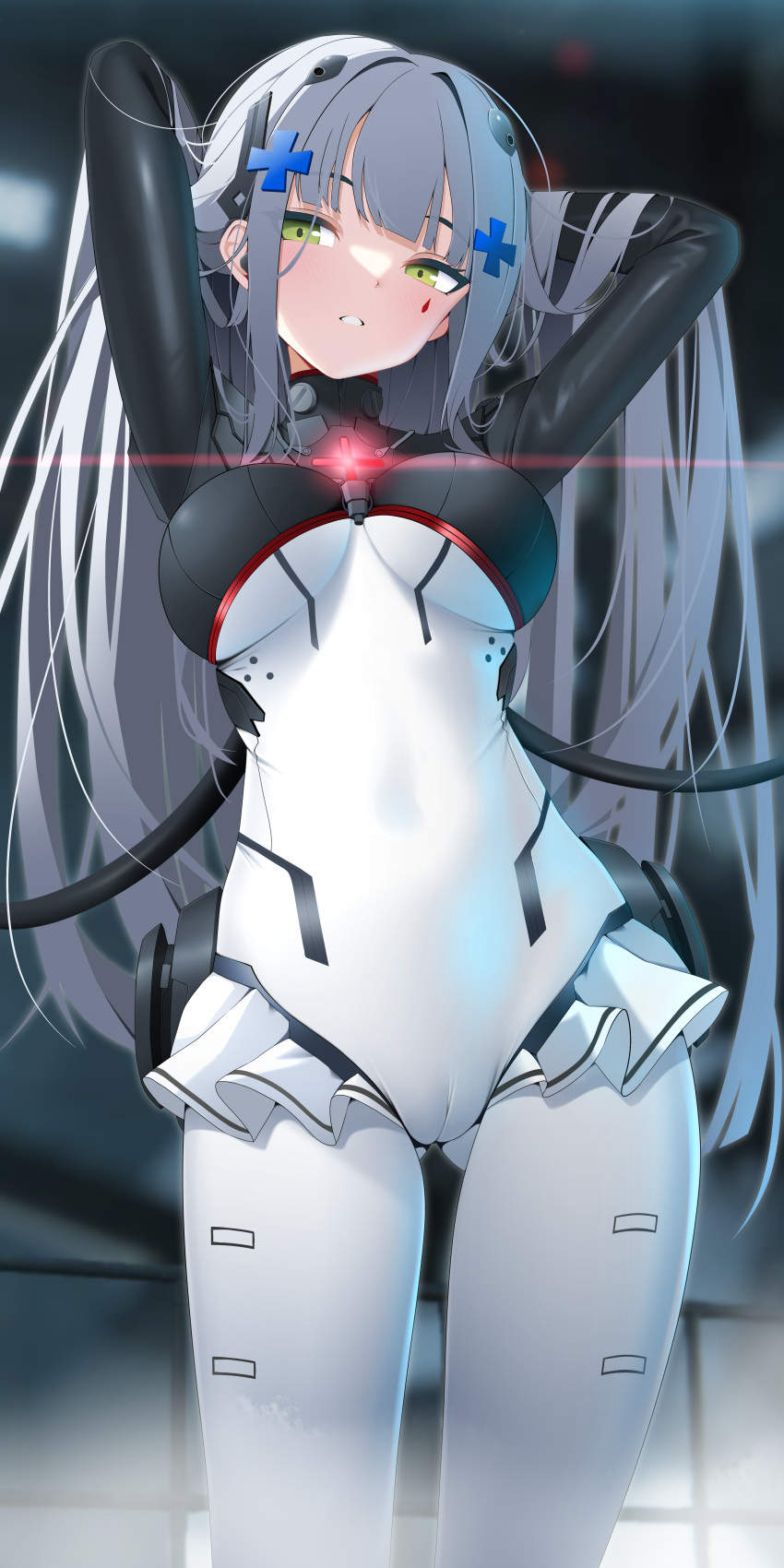 1girl absurdres arms_behind_back bodysuit breasts clenched_teeth cowboy_shot cross from_below girls'_frontline green_eyes hair_ornament hairclip half-closed_eyes headgear highres hk416_(girls'_frontline) hk416_(midnight_evangelion)_(girls'_frontline) iron_cross large_breasts long_hair looking_at_viewer looking_down medium_breasts parted_lips solo teeth very_long_hair white_hair z.taiga
