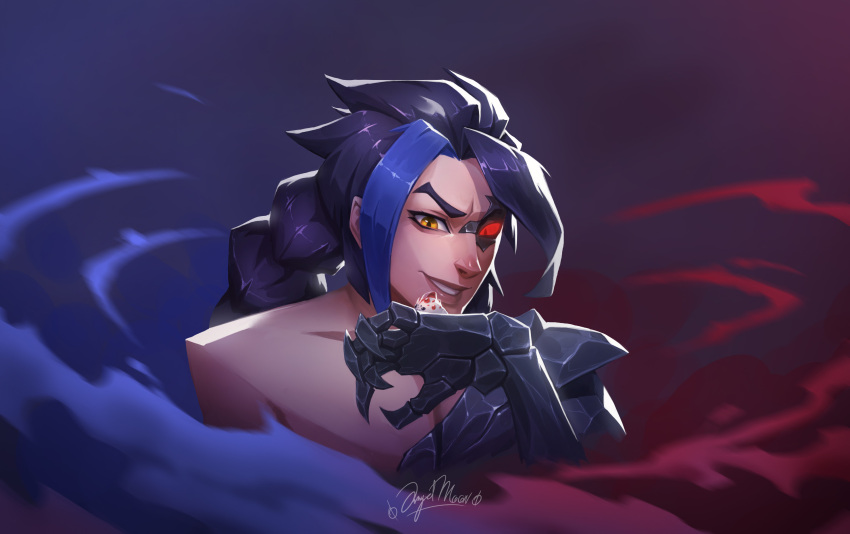 1boy absurdres angelmoonlight armor artist_name black_hair blue_background blue_hair colored_sclera cropped_torso heterochromia highres kayn_(league_of_legends) league_of_legends little_legend long_hair male_focus multi-tied_hair multicolored_hair red_background red_sclera shoulder_armor single_bare_shoulder solo steam two-tone_hair upper_body