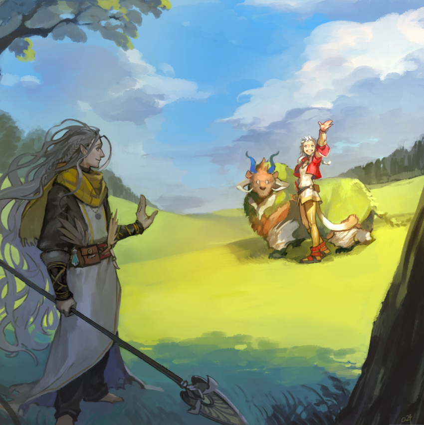 1boy 1girl animal belt braid day grass grey_hair holding holding_polearm holding_weapon jacket kanoa_ao long_hair multiple_boys nishiki_areku outdoors pixiv_fantasia pixiv_fantasia_last_saga polearm pouch red_footwear red_jacket scarf shirt tail very_long_hair vial waving weapon white_hair white_shirt yellow_scarf