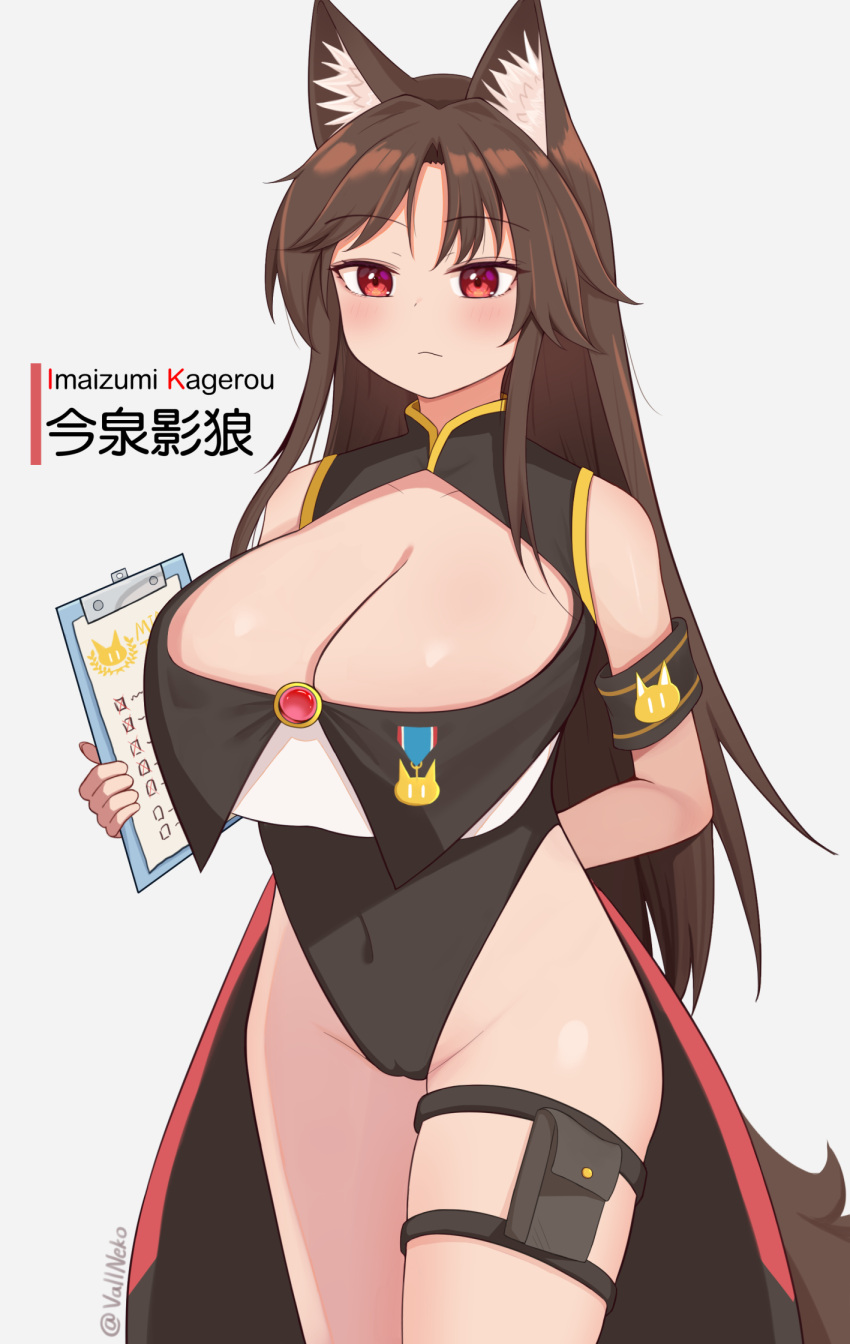 1girl alternate_costume animal_ear_fluff animal_ears black_leotard breasts brooch brown_hair character_name cleavage grey_background highres holding imaizumi_kagerou jewelry large_breasts leotard long_hair red_eyes solo tail thigh_strap touhou twitter_username vallneko wolf_ears wolf_girl wolf_tail