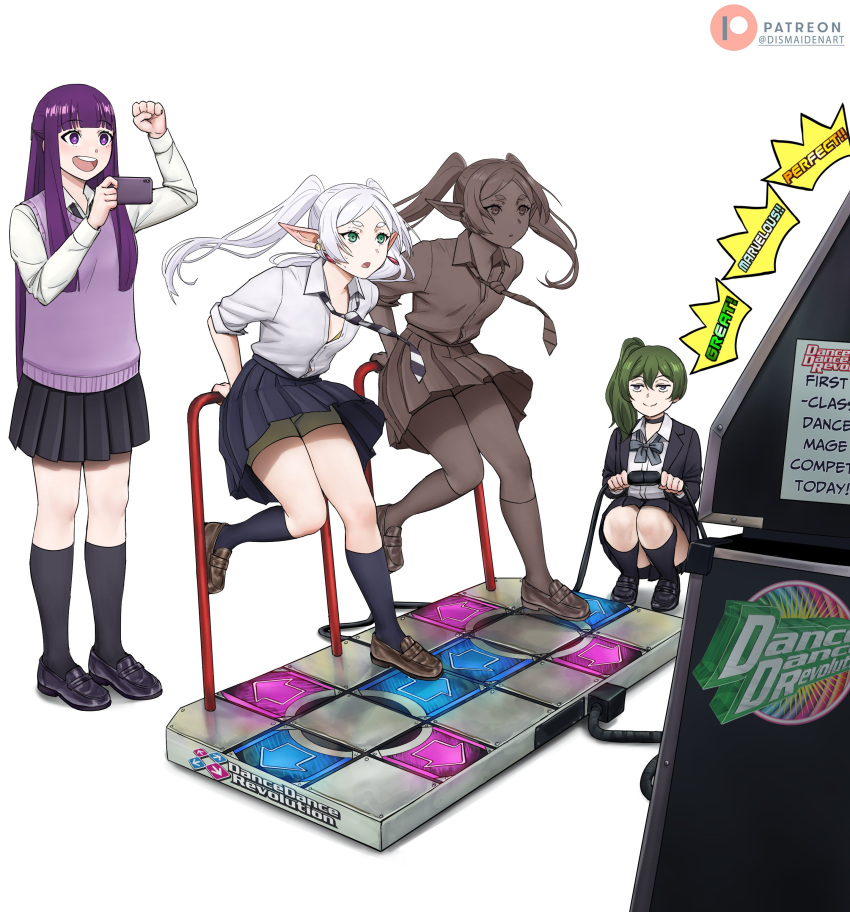 absurdres alternate_costume arrow_(symbol) bike_shorts blunt_bangs contemporary dance_dance_revolution dancing dismaiden english_commentary fern_(sousou_no_frieren) green_hair highres long_hair multiple_girls open_mouth purple_eyes purple_hair side_ponytail sidelocks smile sousou_no_frieren squatting tagme ubel_(sousou_no_frieren)