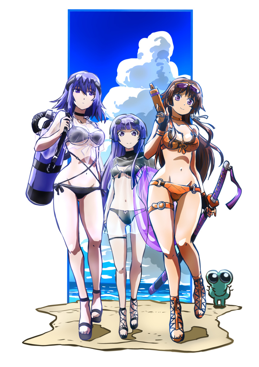 3girls beach beta_(muv-luv) bikini cloud cryska_barchenowa hammer_and_sickle_bikini highres inia_sestina looking_at_viewer multiple_girls muv-luv muv-luv_alternative muv-luv_total_eclipse purple_eyes sky smile swimsuit sword taiga_hiroyuki takamura_yui weapon yellow_bikini