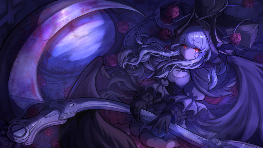 1girl absurdres azur_lane black_dress black_gloves black_hood black_wings blood blood_on_weapon breasts cleavage_cutout clothing_cutout commission dress erebus_(azur_lane) erebus_(meta)_(azur_lane) fake_horns flower frilled_dress frills gloves gothic_lolita grave highres holding holding_scythe horns lolita_fashion long_hair looking_at_viewer medium_breasts moon pixiv_commission pyramide red_eyes red_flower red_rose reflection rose scythe solo thorns tombstone weapon white_hair wings