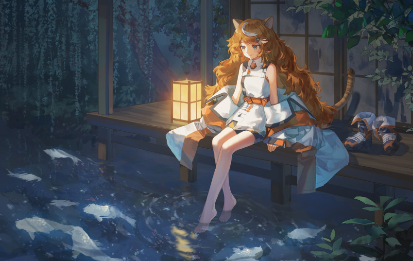 1girl absurdres animal_ears bare_legs barefoot belt black_shorts blush closed_mouth collared_dress commentary commission dress ema3 english_commentary fish full_body green_eyes highres indie_virtual_youtuber jacket jacket_partially_removed lantern long_hair looking_down moofie_(vtuber) orange_belt orange_footwear orange_gemstone orange_hair paper_lantern plant shoes short_shorts shorts sitting sleeveless sleeveless_dress smile soaking_feet solo tail tiger_ears tiger_girl tiger_tail tree triangle_hair_ornament unworn_shoes very_long_hair water white_dress white_hair white_jacket