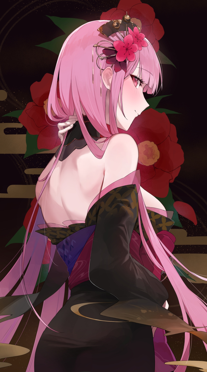 1girl back bare_shoulders black_collar black_kimono bow closed_mouth collar commentary cowboy_shot flower hair_flower hair_ornament hand_on_own_neck highres hololive hololive_english japanese_clothes kimono long_hair long_sleeves looking_at_viewer looking_back mori_calliope mori_calliope_(new_year) off_shoulder official_alternate_costume pink_eyes pink_hair profile red_flower red_sash sash smile solo uohara_shinji very_long_hair virtual_youtuber waist_bow