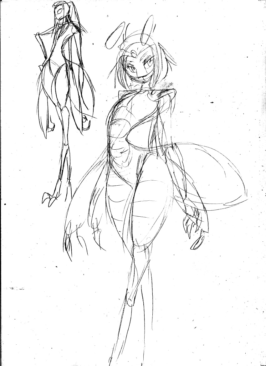 2024 4_arms antennae_(anatomy) anthro arthropod arthropod_abdomen black_and_white chochi claws female flat_chested graphite_(artwork) hand_on_hip hi_res indrel insect monochrome multi_arm multi_limb out-of-placers pencil_(artwork) sketch small_waist solo traditional_media_(artwork) wide_hips