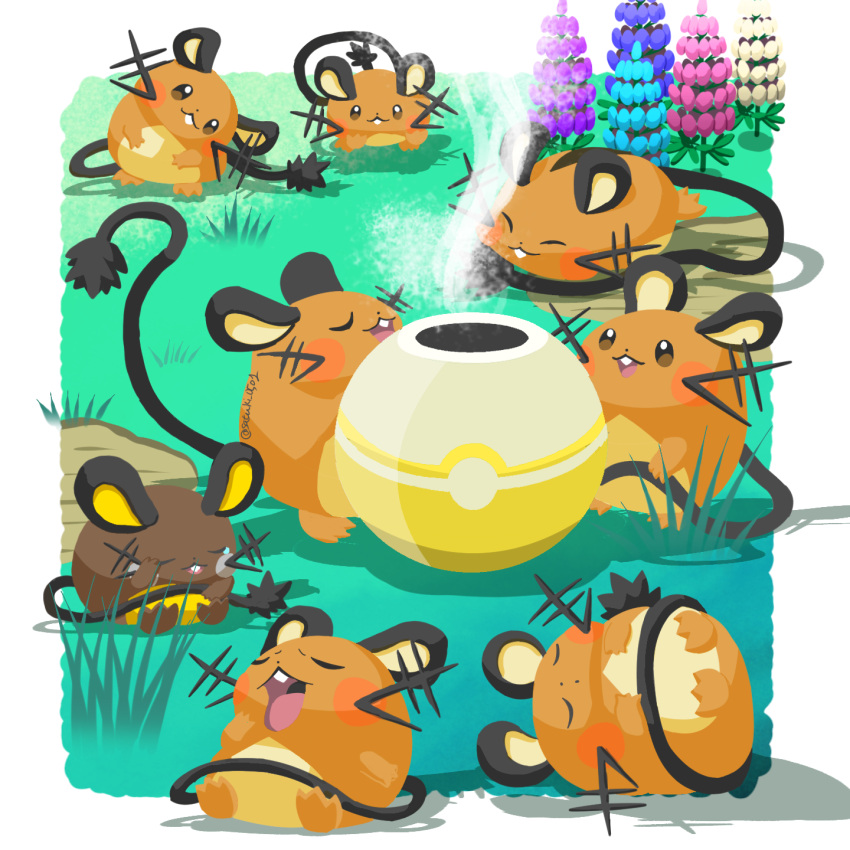 alternate_color animal_focus border closed_eyes closed_mouth commentary_request dedenne fang fang_out flower grass highres lying no_humans pokemon pokemon_(creature) satsuki_(pixiv44579273) shiny_pokemon sleeping white_border