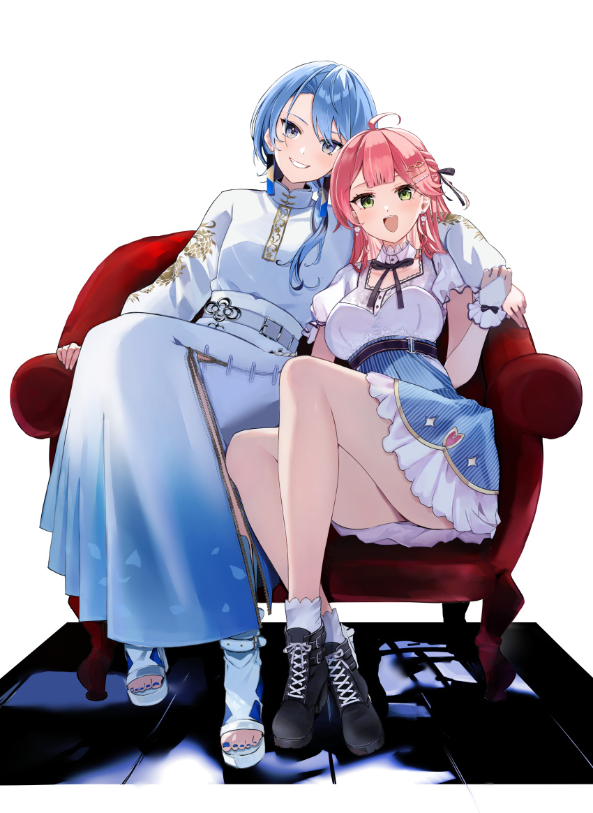 2girls absurdres ahoge arm_around_neck aya02ka black_footwear blue_eyes blue_hair blue_nails blue_skirt bob_cut commentary_request full_body green_eyes grin hair_ornament highres hololive hoshimachi_suisei hoshimachi_suisei_(8th_costume) jacket long_hair long_sleeves looking_at_viewer multiple_girls nail_polish official_alternate_costume official_alternate_hairstyle open_mouth pink_hair puffy_short_sleeves puffy_sleeves sakura_miko sakura_miko_(street) short_sleeves simple_background sitting skirt smile star_(symbol) star_in_eye striped_clothes striped_skirt swept_bangs symbol_in_eye teeth toeless_footwear toenail_polish toenails vertical-striped_clothes vertical-striped_skirt virtual_youtuber white_background white_jacket