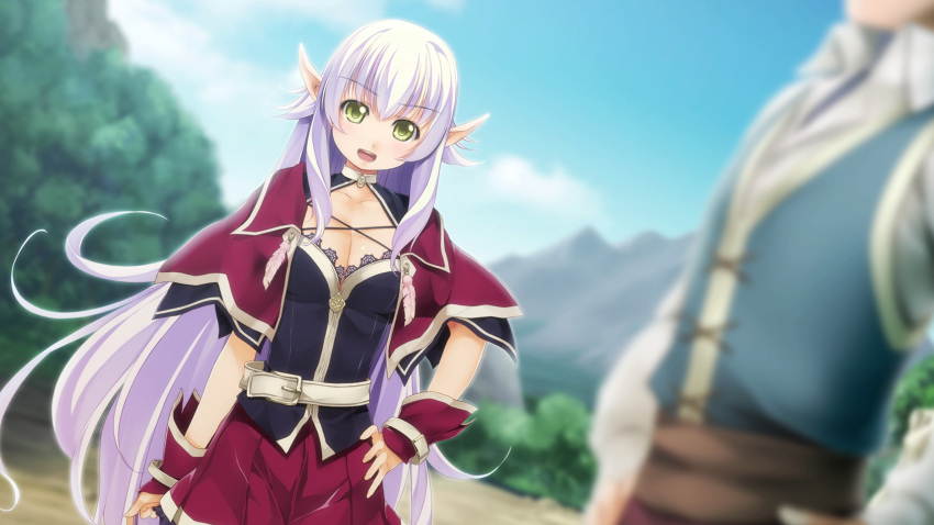 1boy 1girl atelier-moo belt black_bustier blurry blurry_background breasts capelet cleavage collarbone cowboy_shot dark_elf detached_sleeves elf hair_between_eyes hand_on_own_hip highres large_breasts long_hair long_pointy_ears miniskirt open_mouth outdoors pointy_ears purple_capelet purple_hair sidelocks silvia_milsteen skirt smile standing teeth upper_teeth_only very_long_hair white_belt wizards_symphony yellow_eyes