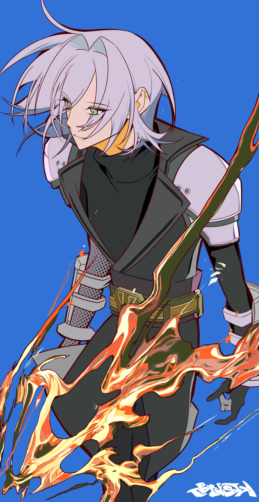 1boy absurdres aged_down armor belt black_gloves black_jacket black_pants black_shirt blue_background closed_mouth cowboy_shot final_fantasy final_fantasy_vii final_fantasy_vii_ever_crisis fire gloves green_eyes grey_hair hair_over_one_eye highres jacket light_smile lihonghua314 male_focus pants sephiroth shirt short_hair shoulder_armor solo turtleneck vambraces