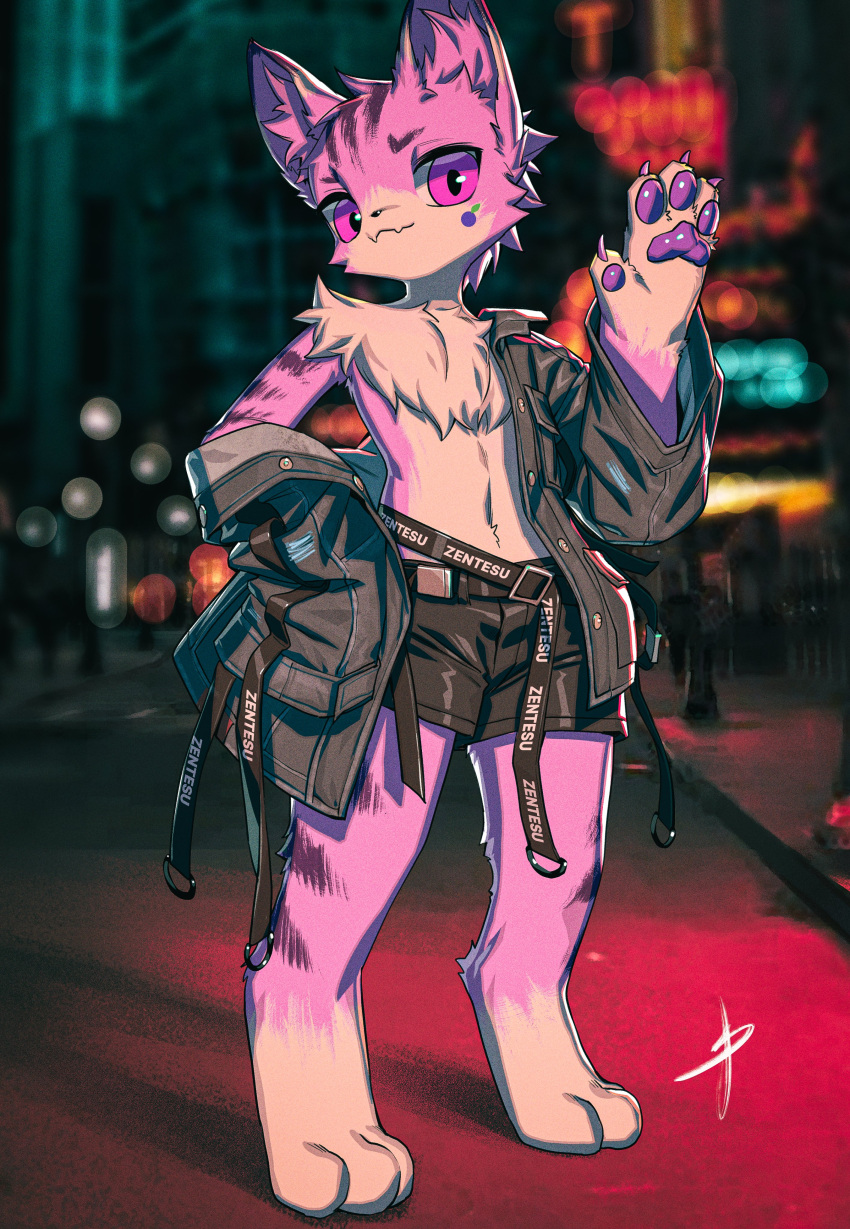 2023 absurd_res anthro blaedic blurred_background bottomwear cheek_tuft chest_tuft city claws clothed clothing digitigrade facial_tuft felid feline front_view gesture group handpaw hi_res inner_ear_fluff jacket lobell_(zentesu_1) looking_at_viewer male male_anthro mammal mixed_media off_shoulder outside pawpads paws photo_background photography_(artwork) pink_eyes portrait pose purple_claws purple_pawpads purple_stripes shorts smile snap_fastener solo_focus standing street stripes topwear tuft waving waving_at_viewer