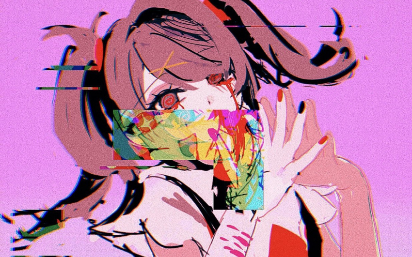 1girl @_@ ame-chan_(needy_girl_overdose) black_nails bleeding blood blood_from_eyes glitch looking_at_viewer mizureito multicolored_nails needy_girl_overdose open_mouth pink_background red_eyes red_nails sketch smile solo steepled_fingers twintails