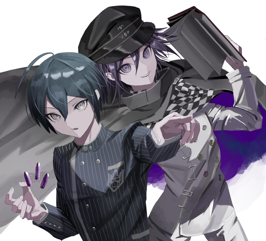 2boys ahoge artist_request bishounen black_cape black_hair book bullet cape checkered_clothes checkered_scarf commentary_request danganronpa_(series) danganronpa_v3:_killing_harmony eyelashes flipped_hair hair_between_eyes hat highres holding holding_book jacket looking_at_viewer male_focus multiple_boys oma_kokichi open_book open_mouth pinstripe_jacket pinstripe_pattern pointing purple_eyes purple_hair ringed_eyes saihara_shuichi scarf short_hair smile straitjacket striped_clothes striped_jacket upper_body white_background