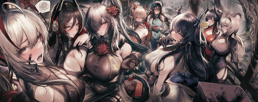 6+girls absurdres animal_ears antennae arknights bare_shoulders black_dress black_gloves black_hair blue_dress blush breast_press breasts cat_ears cat_girl cat_tail ch'en_(ageless_afterglow)_(arknights) ch'en_(arknights) china_dress chinese_clothes cleavage cleavage_cutout clothing_cutout commentary_request cup demon_girl demon_horns double_bun dragon_girl dragon_horns dress drinking dusk_(arknights) dusk_(everything_is_a_miracle)_(arknights) flower fur_shawl garter_straps gloves green_horns grey_eyes grey_hair hair_bun hair_over_one_eye highres holding holding_cup holding_gourd horns ines_(arknights) ink_on_face large_breasts lin_(arknights) ling_(arknights) long_hair long_sleeves looking_at_viewer low_ponytail mouse_ears mouse_girl mouse_tail multiple_girls nian_(arknights) nian_(unfettered_freedom)_(arknights) official_alternate_costume open_mouth ponytail red_dress red_flower red_horns schwarz_(arknights) see-through see-through_cleavage seiza shawl sideboob sitting sleeveless sleeveless_dress solfi0211 spoken_squiggle squiggle tail very_long_hair w_(arknights) white_dress wide_shot