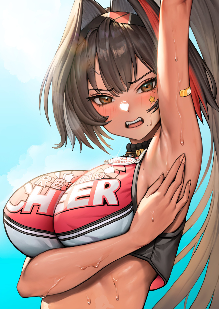 1girl absurdres arm_under_breasts arm_up armpits bandaid bandaid_on_arm bay_(nikke) black_hair blush cheerleader crop_top dark-skinned_female dark_skin goddess_of_victory:_nikke hair_between_eyes hair_intakes highres long_hair looking_at_viewer mole mole_under_eye mole_under_mouth multicolored_hair open_mouth ponytail red_hair solo star_(symbol) star_in_eye star_sticker sticker_on_face streaked_hair sunlight sweat sweaty_armpits symbol_in_eye teeth two-tone_tank_top upper_body upper_teeth_only young999999990