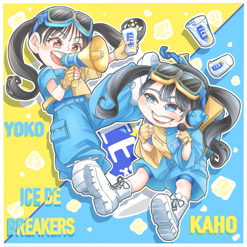 2girls blue_pants drink fujishima_kaho goggles goggles_on_head highres hinatazaka46 holding holding_drink idol jacket megaphone multiple_girls pants sasaki_takashi shoes shougenji_youko simple_background smile twintails white_footwear