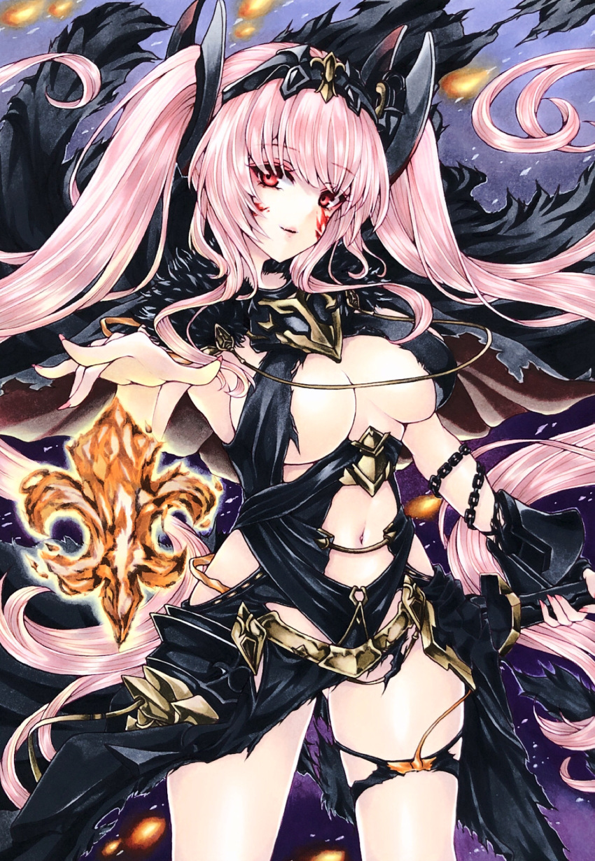 1girl ass_visible_through_thighs azur_lane black_cape black_dress blood blood_on_face breasts cape chain clothing_cutout dress evil_smile fleur-de-lis highres la_galissonniere_(azur_lane) la_galissonniere_(meta)_(azur_lane) large_breasts long_hair looking_back marker_(medium) mktr_(princess_mktr) navel parted_lips pink_hair pink_nails red_eyes revealing_clothes smile solo stomach_cutout torn_clothes torn_dress traditional_media twintails very_long_hair