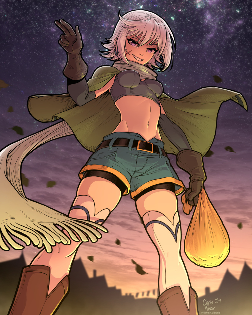 1girl absurdres artist_name belt boots bra breasts brown_footwear brown_gloves cape chris_(konosuba) clenched_teeth detached_sleeves evening from_below gloves green_cape grey_bra grey_hair grey_sleeves hand_up highres holding holding_sack kluverdesigns kono_subarashii_sekai_ni_shukufuku_wo! looking_at_viewer midriff navel night night_sky purple_eyes sack scar scar_on_cheek scar_on_face scarf short_hair shorts_under_shorts sky skyline small_breasts smile solo standing star_(sky) starry_sky teeth thighhighs twitter_username underwear white_scarf white_thighhighs zettai_ryouiki