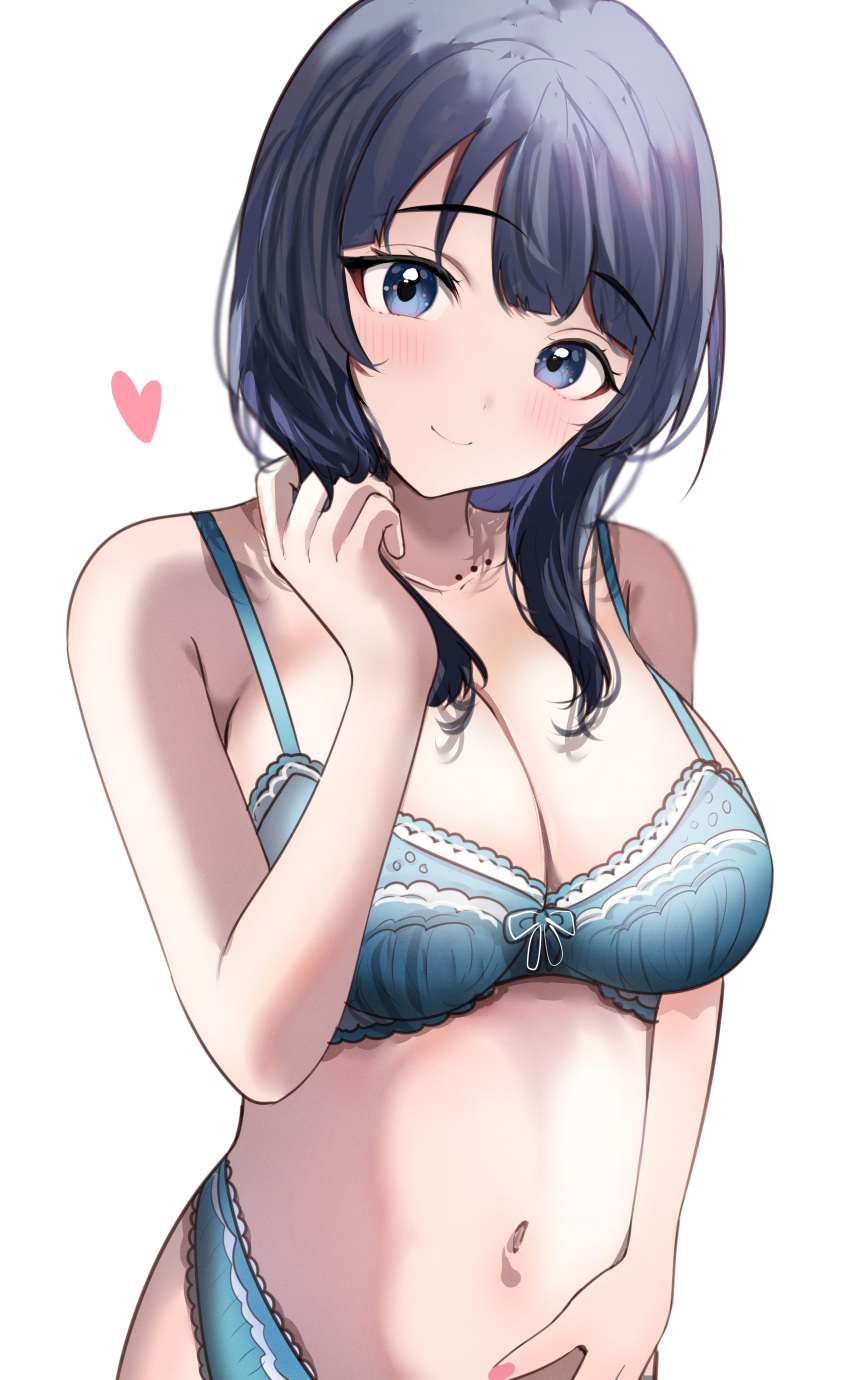 1girl absurdres asaka_karin blue_bra blue_eyes blue_hair blue_panties blush bra breasts cleavage closed_mouth collarbone commentary_request heart highres lace-trimmed_bra lace-trimmed_panties lace_trim looking_at_viewer love_live! love_live!_nijigasaki_high_school_idol_club medium_breasts medium_hair midriff mole mole_on_collarbone navel panties sidelocks smile solo sunya_(honorin-yuunibo) underwear upper_body white_background