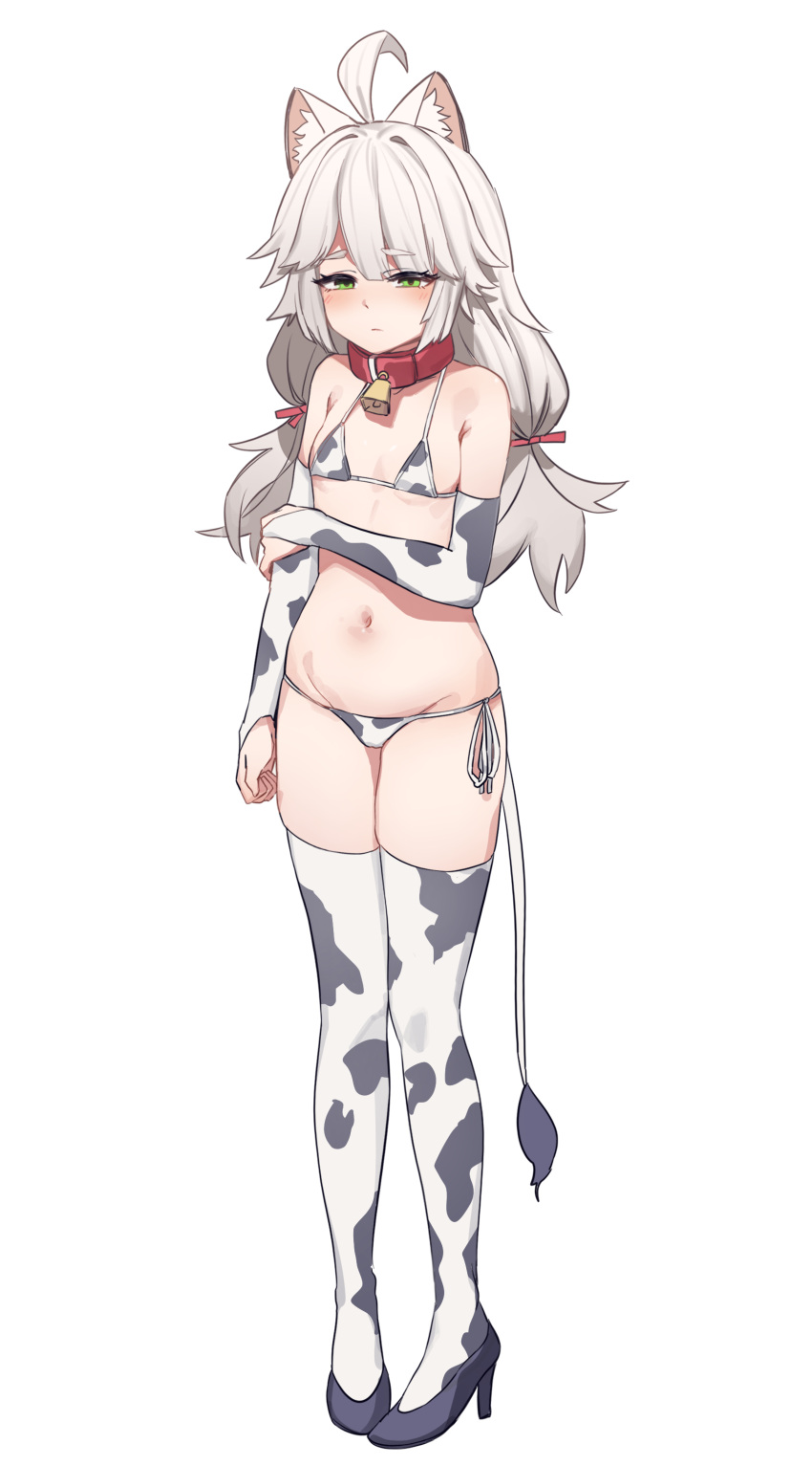 1girl absurdres ahoge animal_ear_fluff animal_ears animal_print aningay arm_across_chest bare_shoulders bell bikini black_footwear breasts bridal_gauntlets collar copyright_request cow_print cow_tail full_body grey_hair groin high_heels highres long_hair low_twintails navel neck_bell print_bikini print_thighhighs red_collar shoes side-tie_bikini_bottom simple_background small_breasts solo swimsuit tail thighhighs twintails white_background