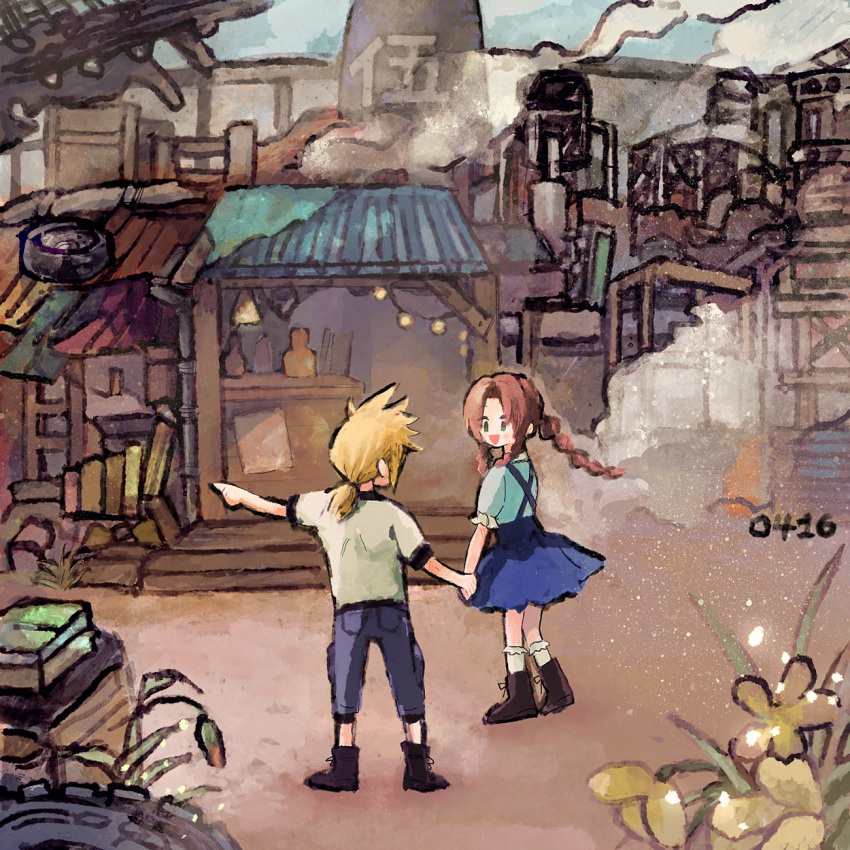 1boy 1girl aerith_gainsborough aged_down alternate_universe aqua_shirt black_footwear black_shirt blonde_hair blue_pants blue_skirt braid braided_ponytail brown_hair child city cloud_strife dated final_fantasy final_fantasy_vii final_fantasy_vii_rebirth final_fantasy_vii_remake flower full_body highres holding_hands long_hair looking_at_another low_ponytail nobu_(25mark) open_mouth pants pointing puffy_short_sleeves puffy_sleeves shirt shirt_under_shirt shop short_hair short_sleeves sidelocks single_braid skirt smile spiked_hair storefront suspender_skirt suspenders white_shirt yellow_flower