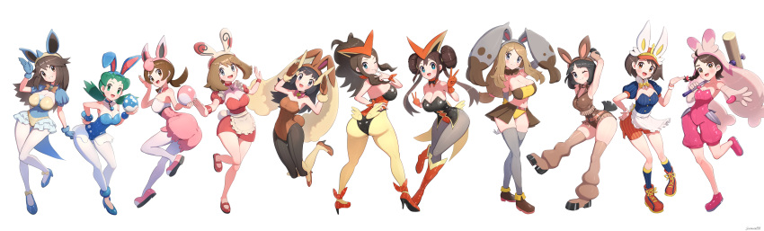 6+girls absurdres alternate_costume animal_ear_headwear animal_ears apron arm_behind_back arm_behind_head ass azumarill azumarill_(cosplay) backless_outfit bare_shoulders black_eyes black_hair black_leotard black_pantyhose blue_eyes blue_gloves blue_leotard breasts brown_eyes brown_gloves brown_hair brown_leotard brown_skirt brown_tube_top choker cleavage collarbone commentary_request contrapposto cosplay covered_collarbone covered_navel cowboy_shot cropped_legs dawn_(pokemon) detached_collar diggersby diggersby_(cosplay) double_v doughnut_hair_bun egg fake_animal_ears fake_tail fluffy_hair frills from_behind full_body gloria_(pokemon) gloves gonzarez green_eyes green_hair grey_eyes grey_pantyhose grey_thighhighs hair_bun hairband high_ponytail highres hilda_(pokemon) holding holding_egg horns juliana_(pokemon) jumping kris_(pokemon) large_breasts leaf_(pokemon) leotard long_hair long_sleeves looking_at_viewer lop_rabbit_ears lopunny lopunny_(cosplay) low_neckline lyra_(pokemon) maid mallet may_(pokemon) medium_breasts mudbray mudbray_(cosplay) multiple_girls navel necktie nidoqueen nidoqueen_(cosplay) one_eye_closed open_mouth orange_gloves orange_leotard outstretched_arms panties pantyhose playboy_bunny pokemon pokemon_bw pokemon_bw2 pokemon_dppt pokemon_egg pokemon_frlg pokemon_gsc pokemon_hgss pokemon_rse pokemon_sm pokemon_sv pokemon_swsh pokemon_xy puffy_short_sleeves puffy_sleeves rabbit_ears rabbit_pose rabbit_tail rosa_(pokemon) scorbunny scorbunny_(cosplay) selene_(pokemon) serena_(pokemon) short_sleeves sidelocks simple_background single_horn skirt spiked_hairband spikes spinda spinda_(cosplay) standing strapless strapless_leotard tail thigh_gap thighhighs tinkaton tinkaton_(cosplay) tube_top underwear v victini victini_(cosplay) waist_apron white_background white_leotard white_pantyhose wide_hips wigglytuff wigglytuff_(cosplay) wristband yellow_panties yellow_tube_top
