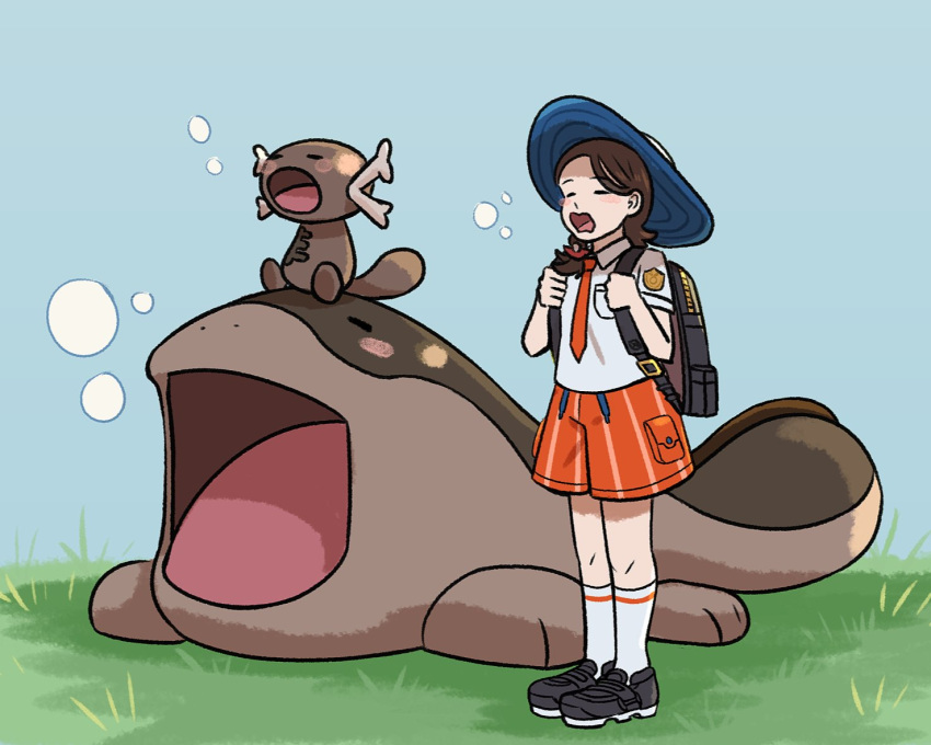 1girl :o backpack bag black_bag black_footwear blue_hat breast_pocket brown_hair clodsire closed_eyes commentary_request evolutionary_line grass hat holding_strap imitating juliana_(pokemon) knees le4ng_liing logo necktie open_mouth orange_necktie orange_shorts paldean_wooper pocket pokemon pokemon_(creature) pokemon_sv shirt shoes short_sleeves shorts socks standing white_socks yawning