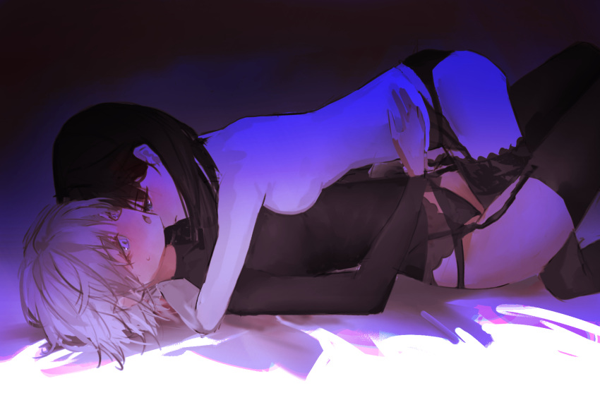 2girls arm_around_neck black_hair black_panties black_shirt black_thighhighs blue_eyes blush breasts closed_mouth commentary_request garter_straps girl_on_top grey_hair hand_on_another's_waist highres leg_between_thighs lying multiple_girls nago_nago on_back open_mouth original panties purple_eyes shirt short_hair small_breasts sweatdrop thighhighs topless underwear yuri