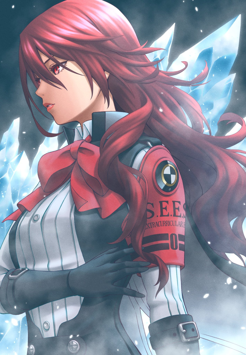 1girl armband belt_buckle black_gloves black_jacket bow bowtie buckle collared_shirt commentary_request gekkoukan_high_school_uniform gloves hair_between_eyes highres ice jacket kirijou_mitsuru long_hair masatoshi_1219 parted_lips persona persona_3 persona_3_reload red_armband red_bow red_bowtie red_eyes red_hair red_lips s.e.e.s school_uniform shirt solo upper_body white_shirt