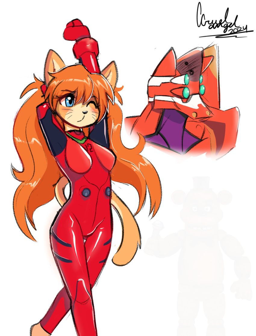 absurd_res anthro asuka_langley_soryu blue_eyes ccruelangel felid female five_nights_at_freddy's freddy_(fnaf) fur hi_res machine mammal neon_genesis_evangelion orange_body orange_fur parody robot scottgames signature solo stretching tail walking